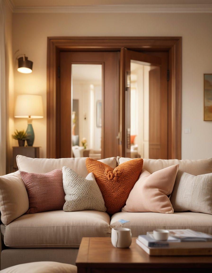 A warm and inviting scene of a couple sitting together on a cozy couch, surrounded by soft pillows and a protective shield graphic symbolizing insurance coverage. In the background, a serene apartment setting with elements of security like a locked door and a safe. A heart shape subtly woven into the design to represent love and unity. Warm, soothing colors to evoke a sense of comfort and safety. super-realistic. soft focus. vibrant colors.