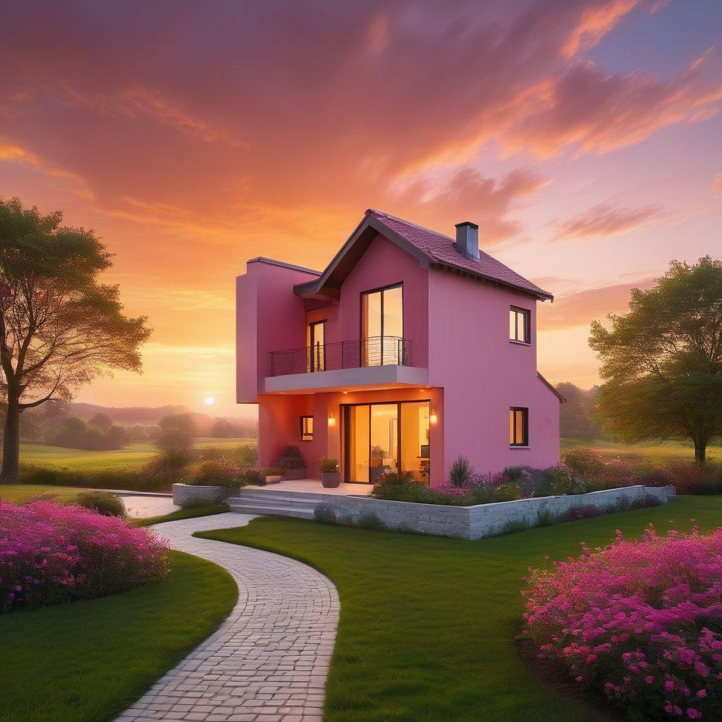 A serene home surrounded by a protective shield, symbolizing security and peace of mind. A comforting sunset casts a warm glow over the property, with icons of insurance and safety like a lock and shield subtly integrated into the scene. Include a confident expert giving tips in a friendly manner. Illustrate vibrant colors to evoke trust and relief. 3D, vibrant colors.