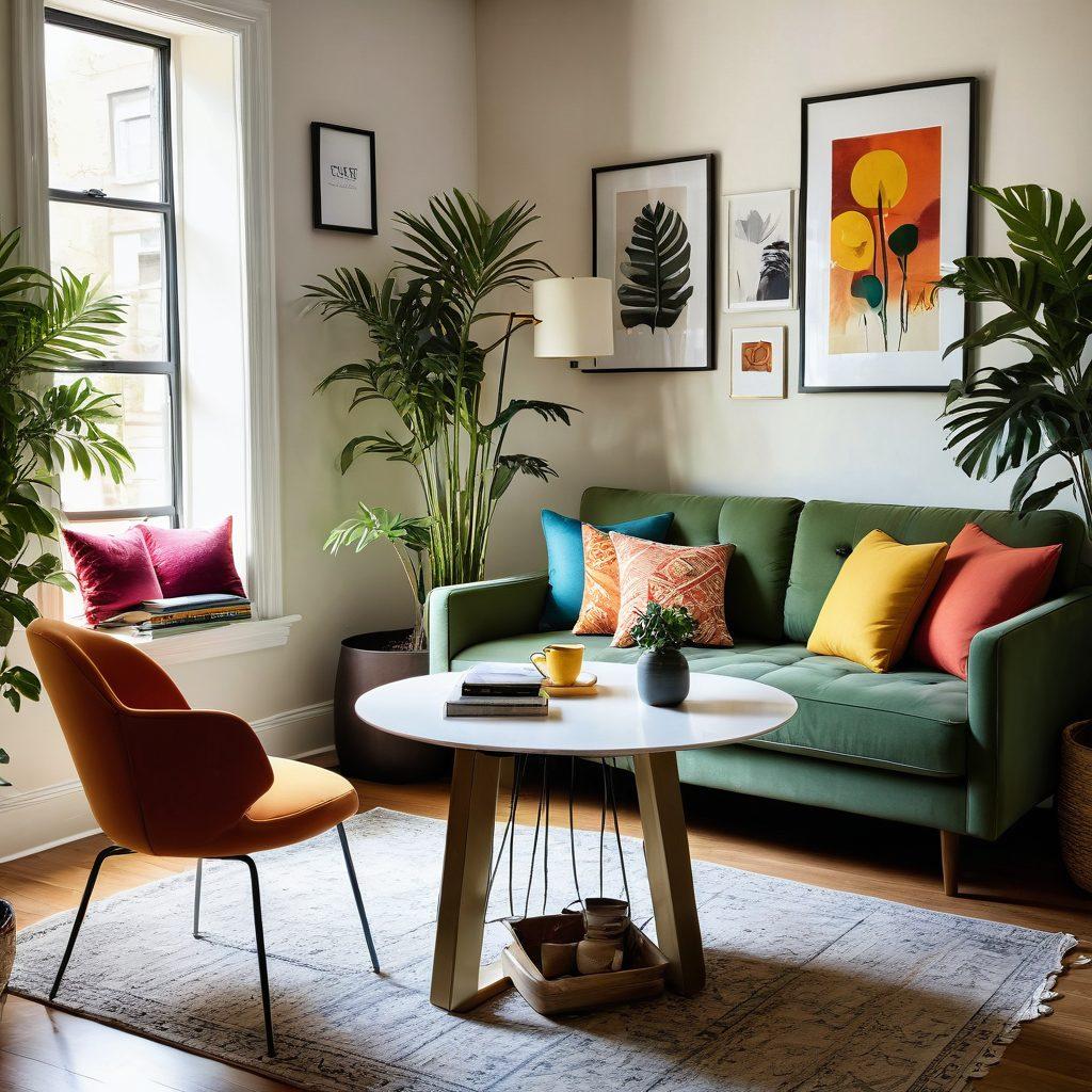 A cozy apartment interior showcasing various lifestyles, featuring a modern living room with plants, a workspace in a sunlit corner, and a breakfast nook. Include diverse decor elements representing different cultures, styles, and preferences. Add warm lighting to create an inviting atmosphere. super-realistic. vibrant colors. warm tones.